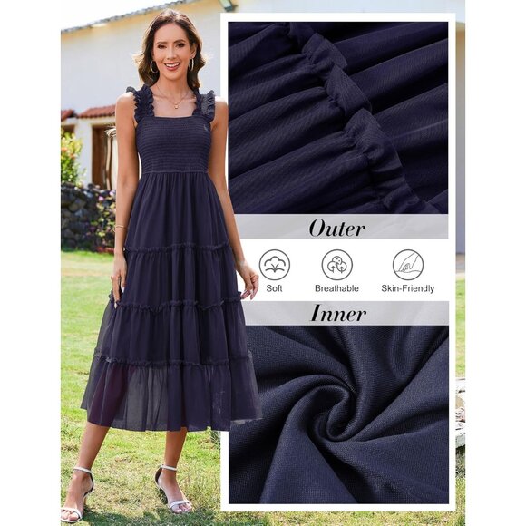 Women's Summer Midi Dress Tulle Flowy Smocked Square Neck Ruffle - Picture 4 of 7